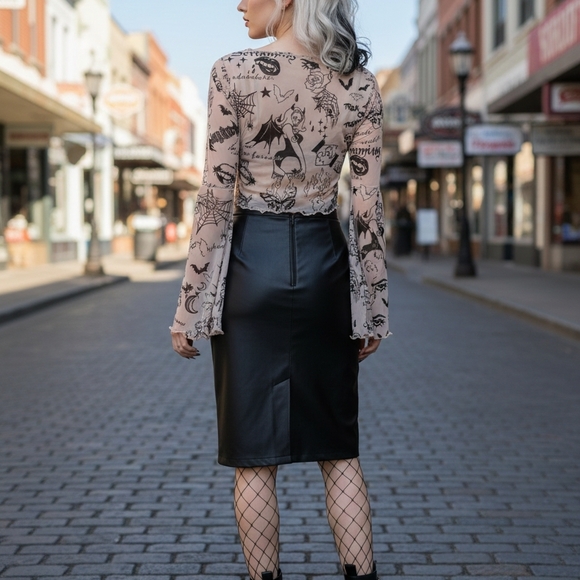 ​🖤 Spooky Tattoo Print Mesh Crop Top 🖤 - Picture 2 of 5